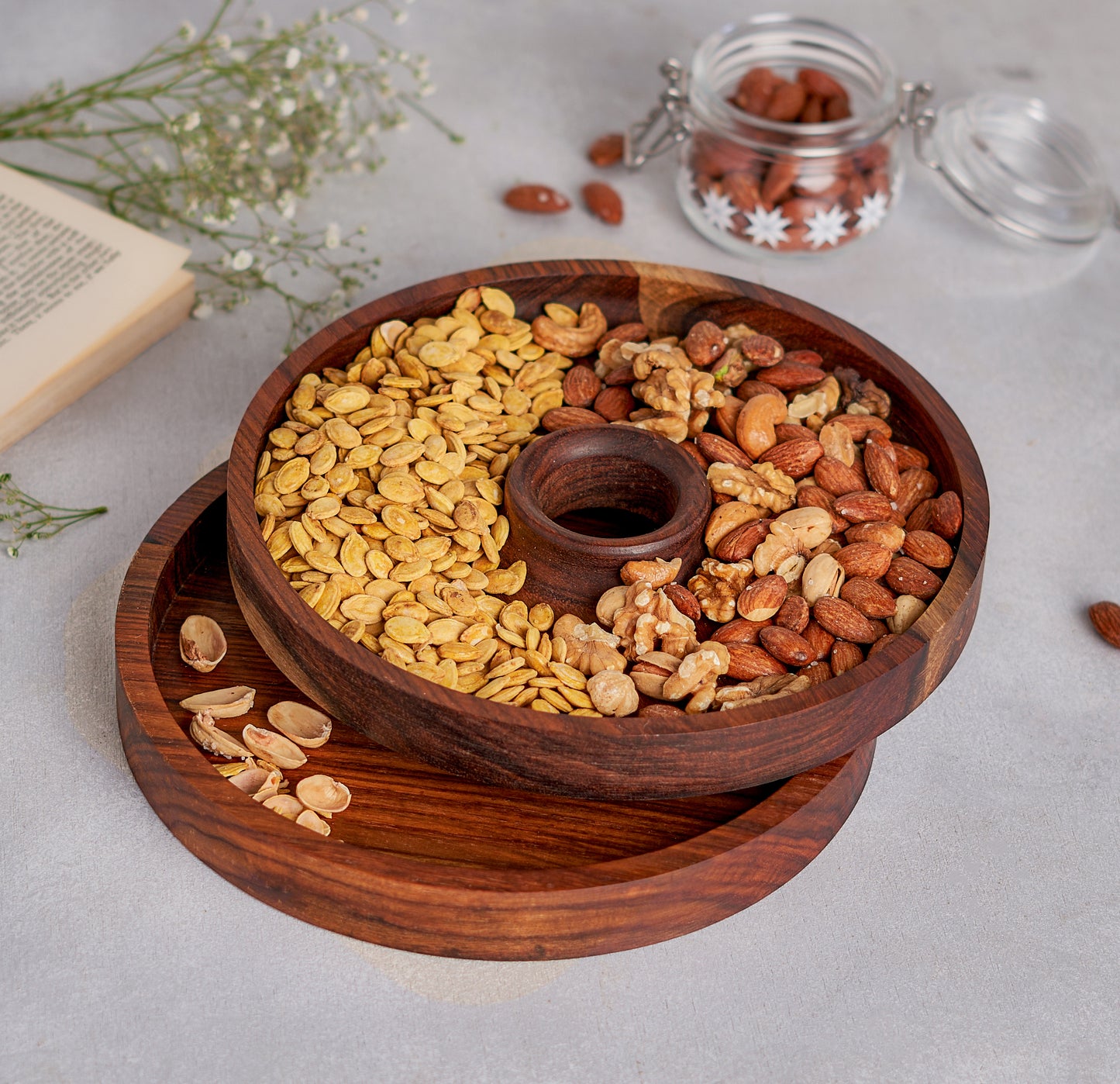 Round Egypt wood  Pistachio Snack Bowl Pistachio Bowl with  Double Layer Pistachio Bowl with Shell Holder Egyptian handmade