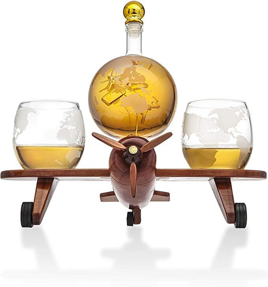 Whiskey Decanter Airplane Globe Set with 2 World Whisky Glasses - for Liquor Scotch Bourbon Vodka