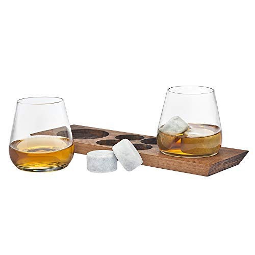 Godinger Whiskey Decanter and Whiskey Glasses Bar Set on Elegant Wooden Display Tray