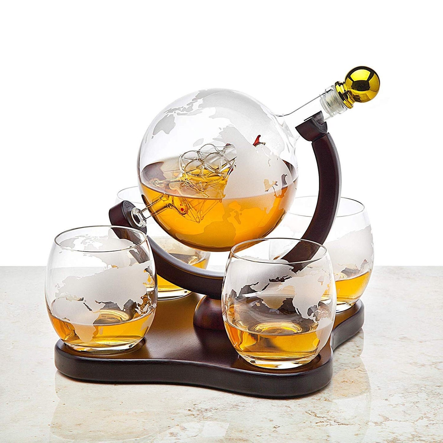 Etched World Decanter whiskey Globe - Whiskey Gift Set Globe Decanter with Antique Ship, Whiskey Stones and 4 World Map Glas