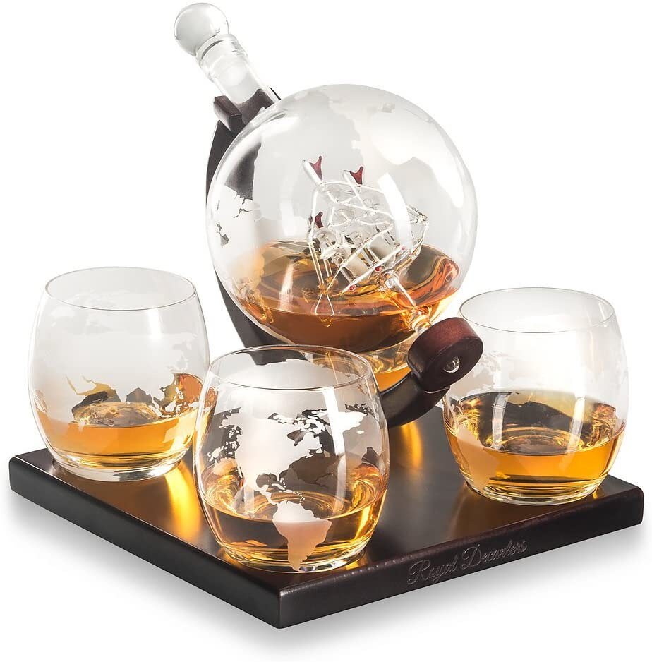 Etched World Decanter whiskey Globe - Whiskey Gift Set Globe Decanter with Antique Ship, Whiskey Stones and 4 World Map Glas