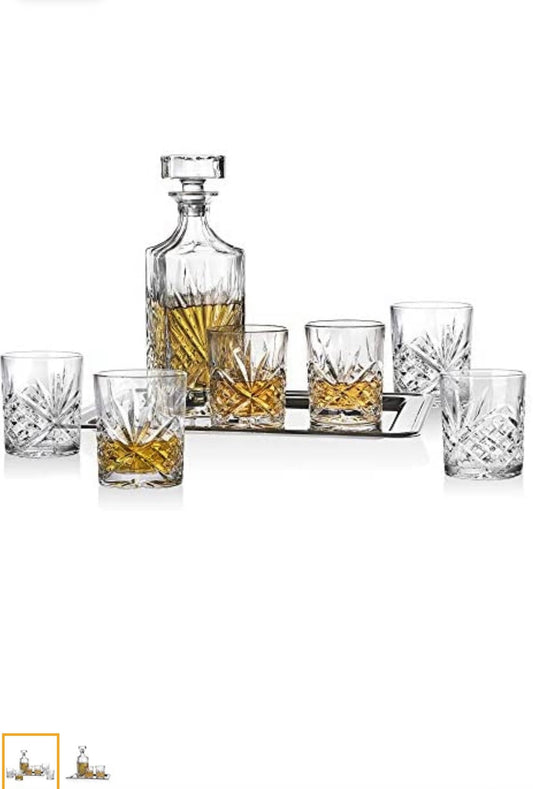 Godinger Dublin Whiskey Bar Set - Includes Whisky Decanter, 6 Old Fashioned Tumbler Glasses and Mirrored Display Tray