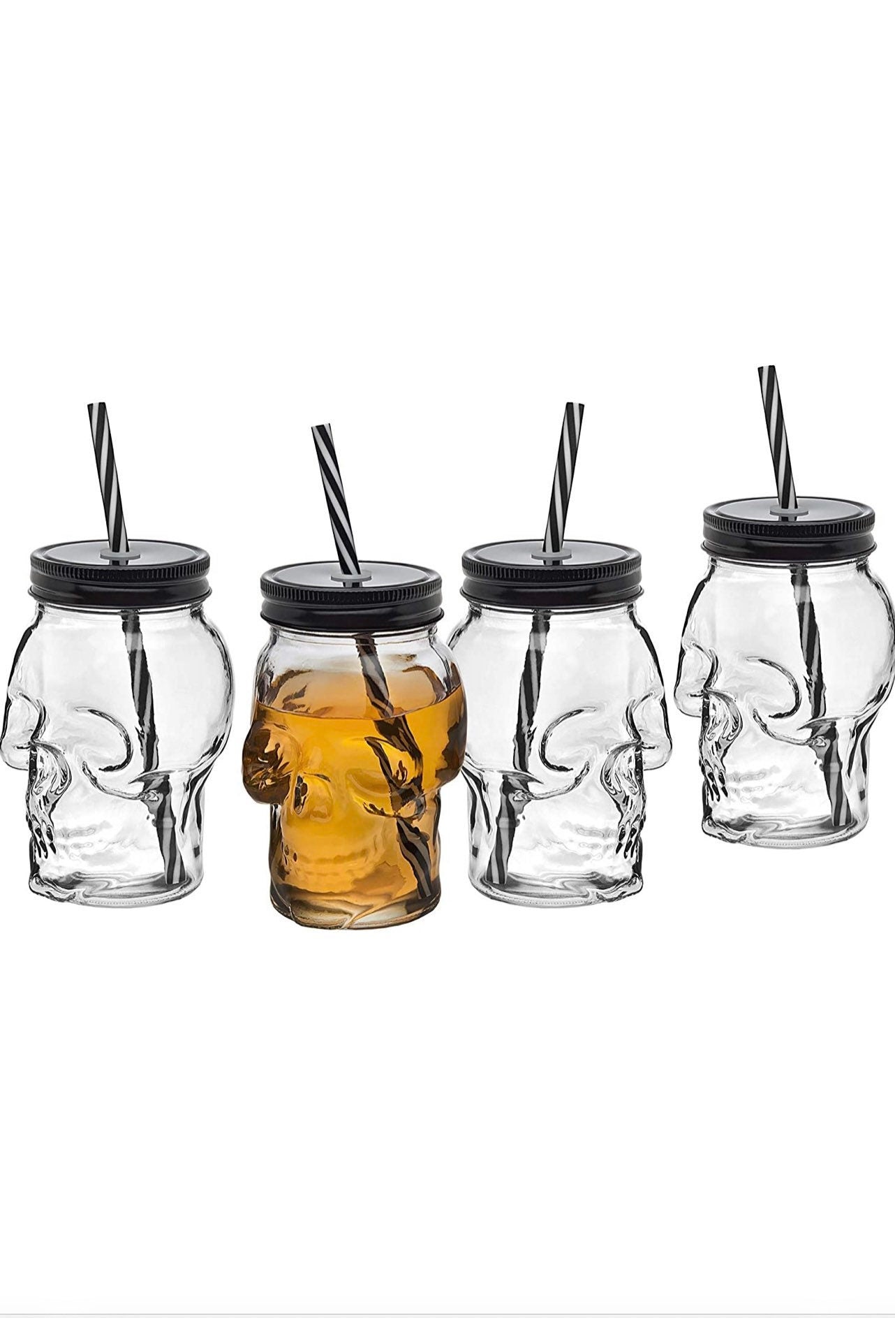 Godinger Skull Mason Jar Mug Glass Tumbler Glass Cups with Cover and Straw, Halloween Decor, Drinking Glasses - 16oz, Set of 2