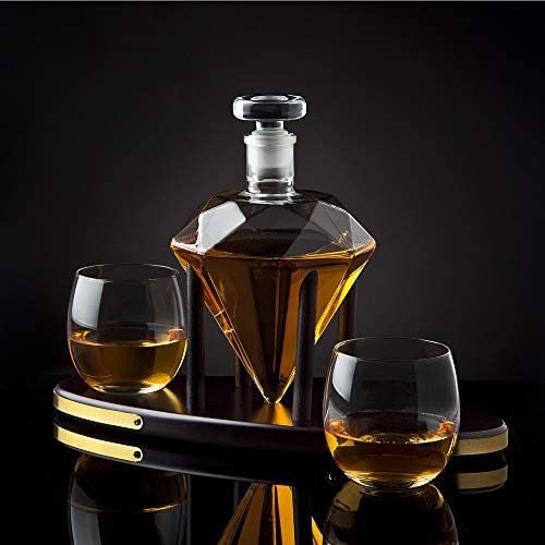 Whiskey Decanter Diamond set with 2 Cocktail Whisky Glasses - for Liquor, Scotch, Bourbon, Vodka- 850ml