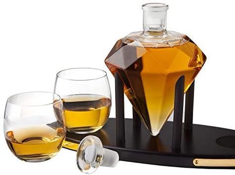 Whiskey Decanter Diamond set with 2 Cocktail Whisky Glasses - for Liquor, Scotch, Bourbon, Vodka- 850ml