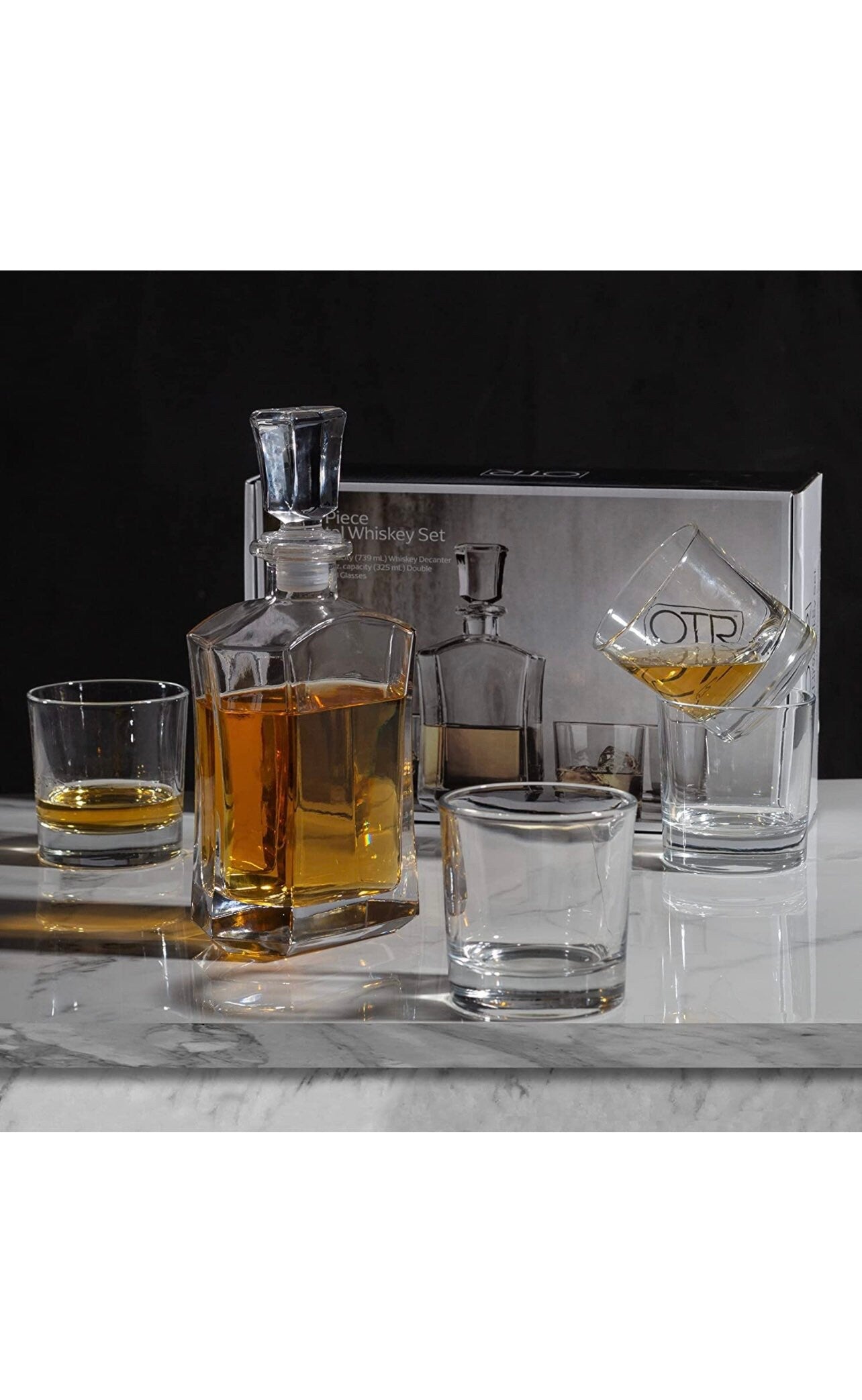 Whiskey Decanter Set And Glasses, 739ml Crystal Liquor Decanter with 4 Double Old fashioned Whiskey Glasses. For Bourbon, Scotch, Brandy, Wi