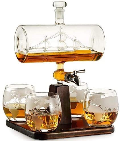 Whisky & Wine Decanter 1100 ML , Glass Whiskey Container Set Creatives Sailing Shape with 4 Cup