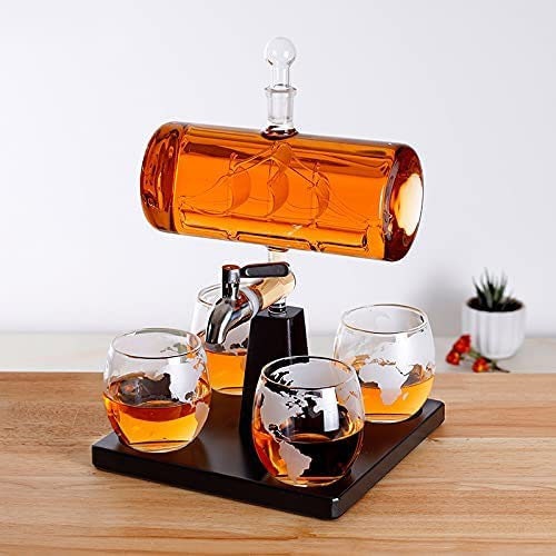 Whisky & Wine Decanter 1100 ML , Glass Whiskey Container Set Creatives Sailing Shape with 4 Cup