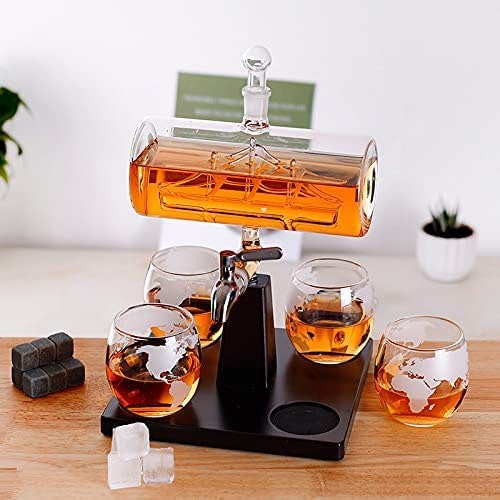 Whisky & Wine Decanter 1100 ML , Glass Whiskey Container Set Creatives Sailing Shape with 4 Cup