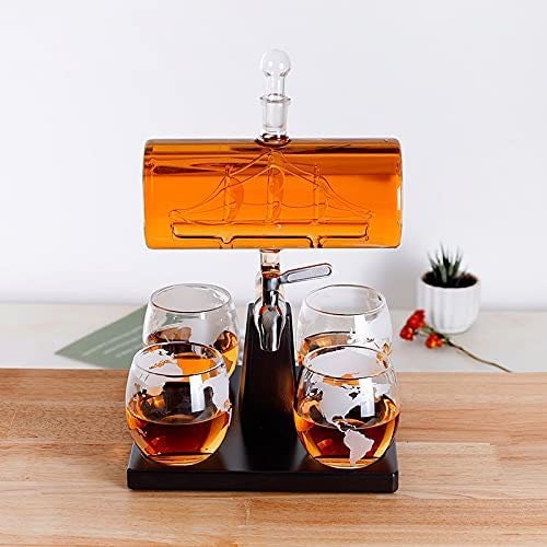 Whisky & Wine Decanter 1100 ML , Glass Whiskey Container Set Creatives Sailing Shape with 4 Cup