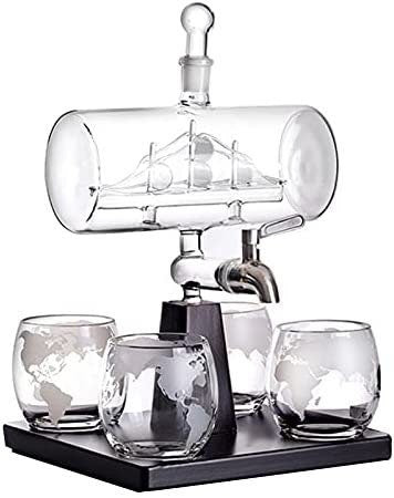 Whisky & Wine Decanter 1100 ML , Glass Whiskey Container Set Creatives Sailing Shape with 4 Cup