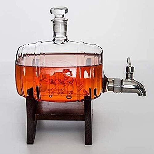 Wine Decanter Whiskey Decanter Set Wooden Frame with Faucet Wine Barrel Shaped Glass Bottle Container 1000Ml