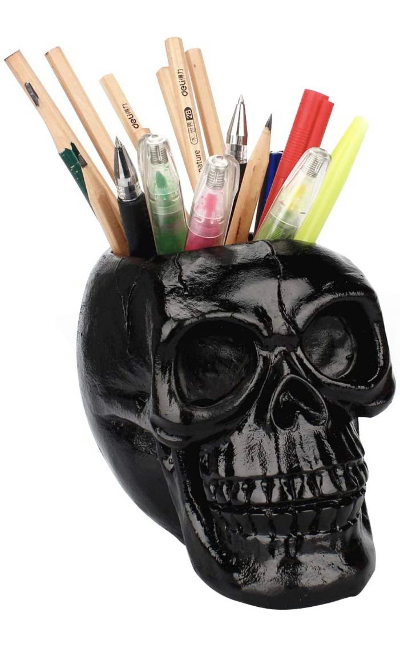 Creative Black Skull Pen and Pencil Holder Stand Pen Cup Makeup Brush Holder Desk Accessories Supplies Organizer