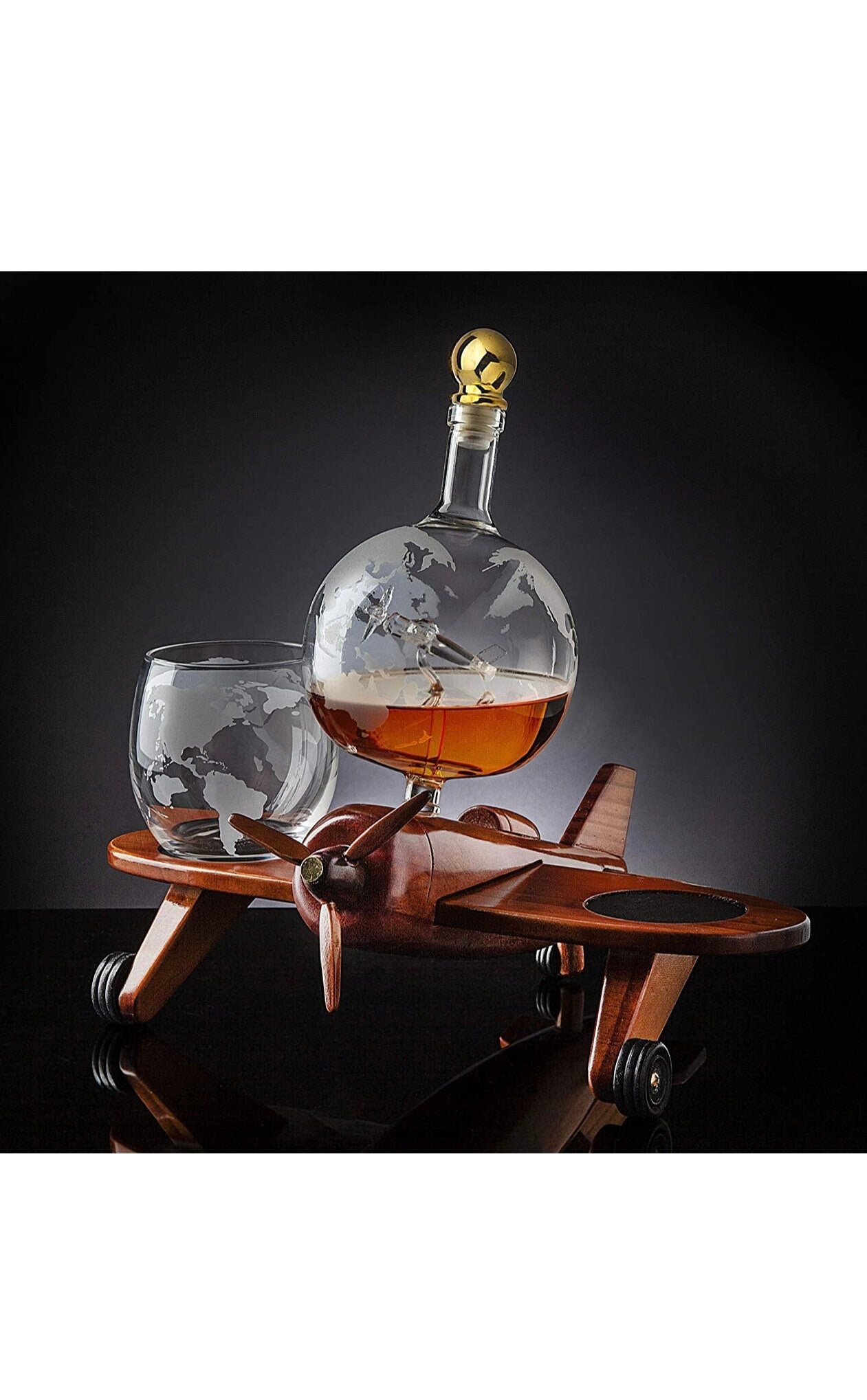 Whiskey Decanter Airplane Globe Set with 2 World Whisky Glasses - for Liquor Scotch Bourbon Vodka