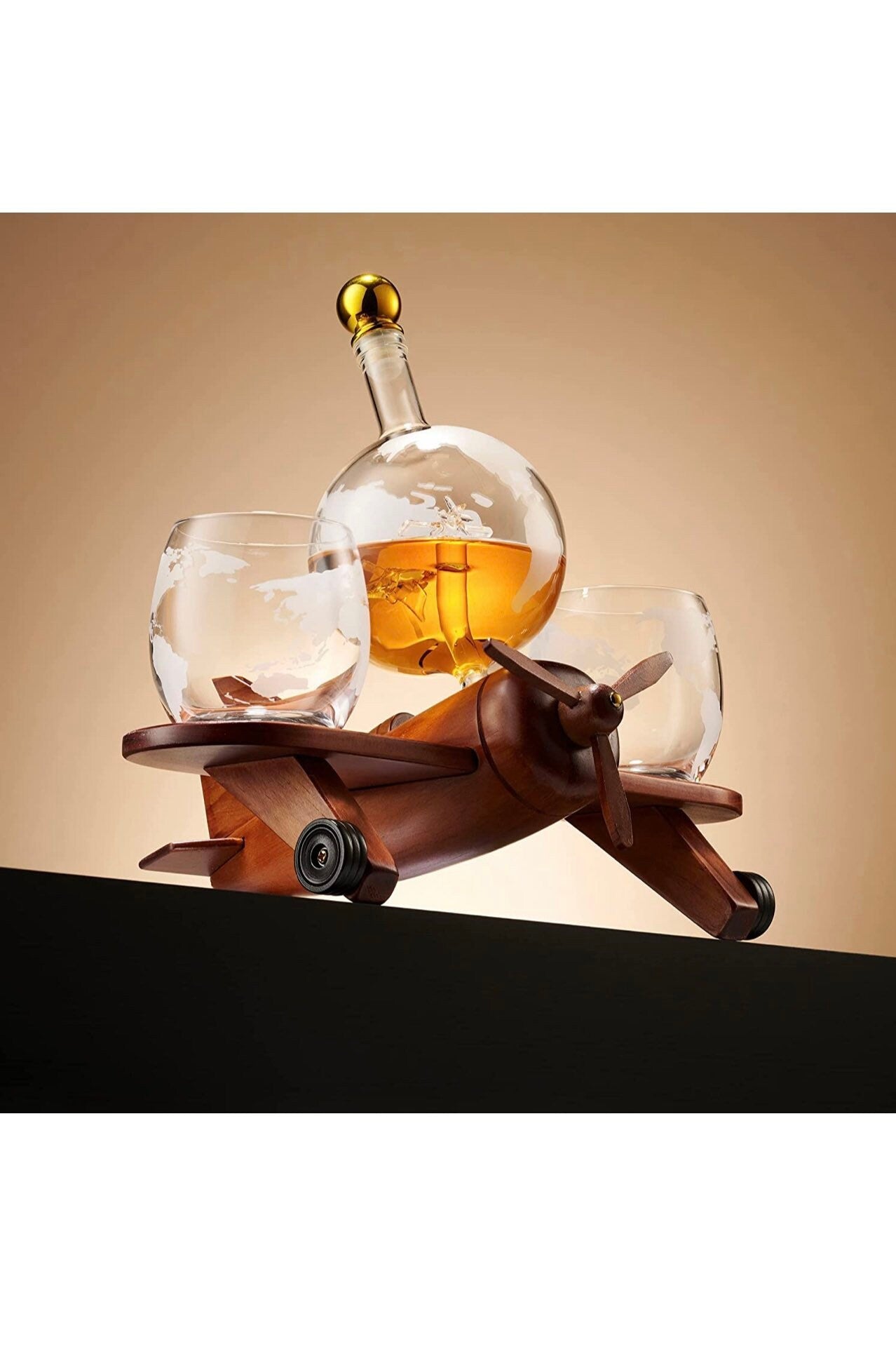 Whiskey Decanter Airplane Globe Set with 2 World Whisky Glasses - for Liquor Scotch Bourbon Vodka