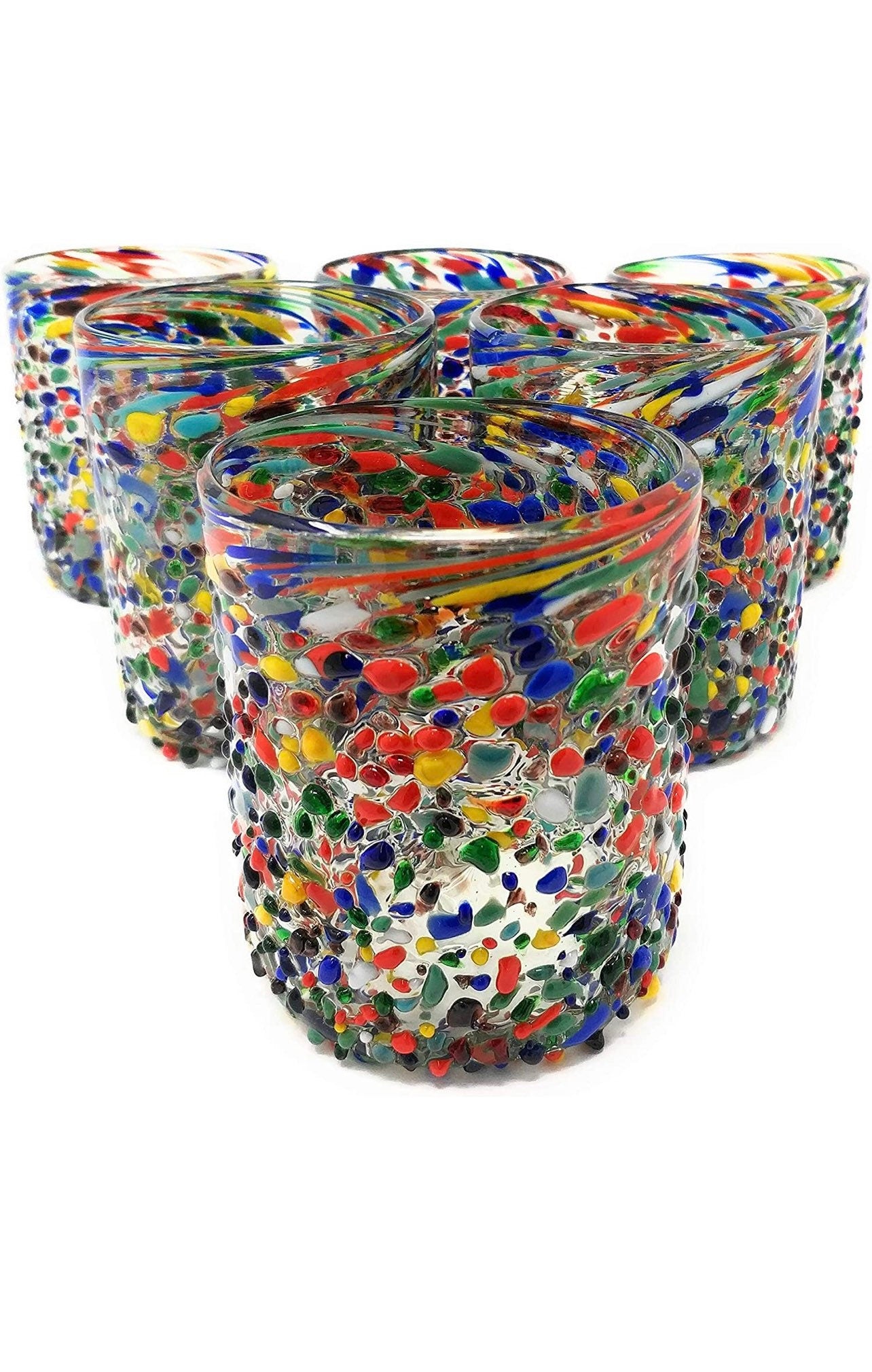 Hand Blown Mexican Drinking Glasses – Set of 6 Confetti Rock Tumbler Glasses (10 oz each)