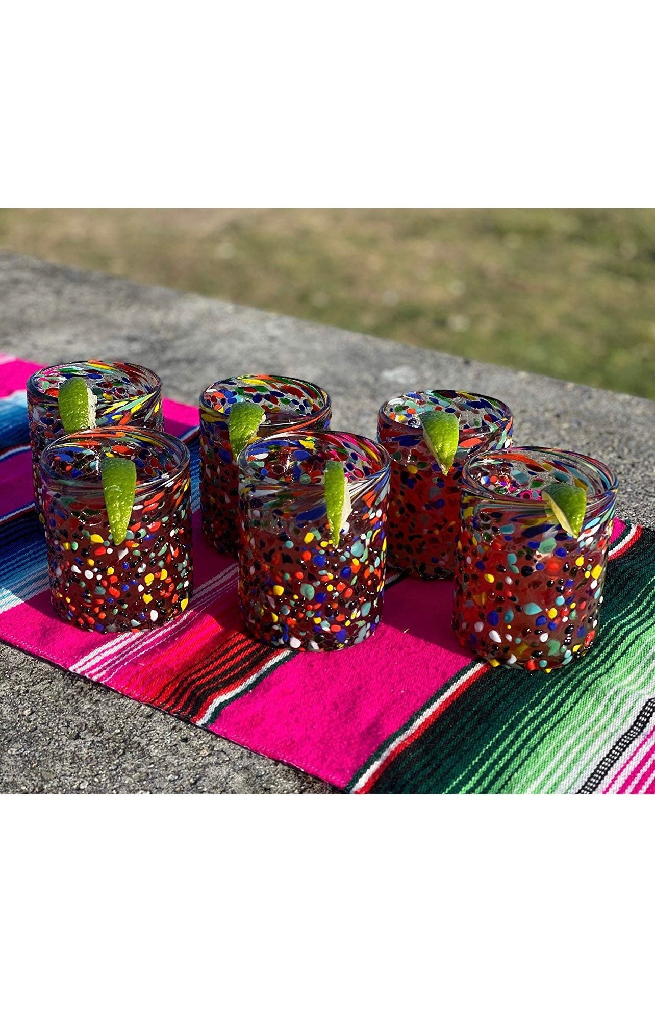 Hand Blown Mexican Drinking Glasses – Set of 6 Confetti Rock Tumbler Glasses (10 oz each)