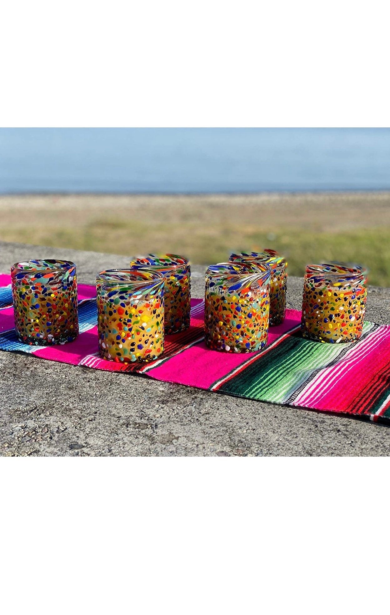 Hand Blown Mexican Drinking Glasses – Set of 6 Confetti Rock Tumbler Glasses (10 oz each)