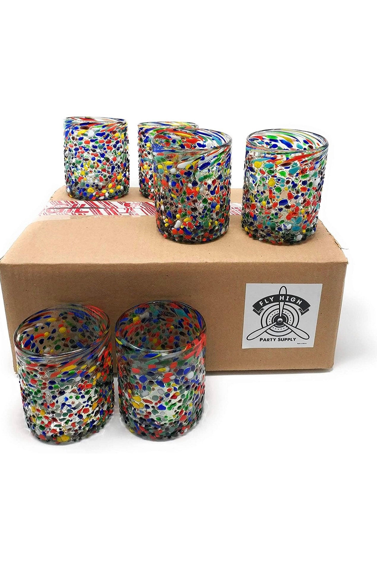 Hand Blown Mexican Drinking Glasses – Set of 6 Confetti Rock Tumbler Glasses (10 oz each)