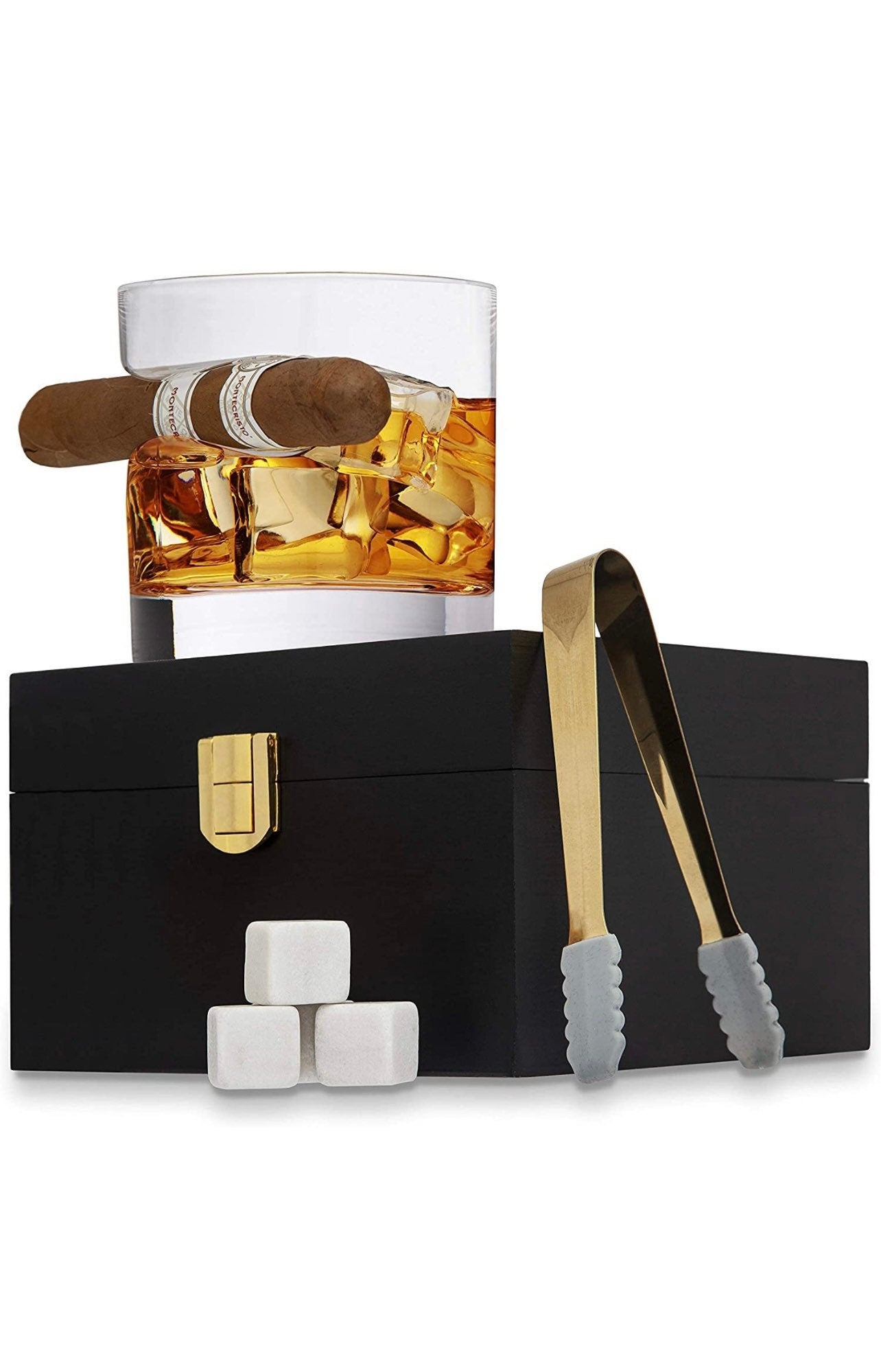 Cigar Whiskey Glass Wooden Gift Box Set with Old Fashioned Glass, Cooling Whiskey Stones and Tongs Bar Set