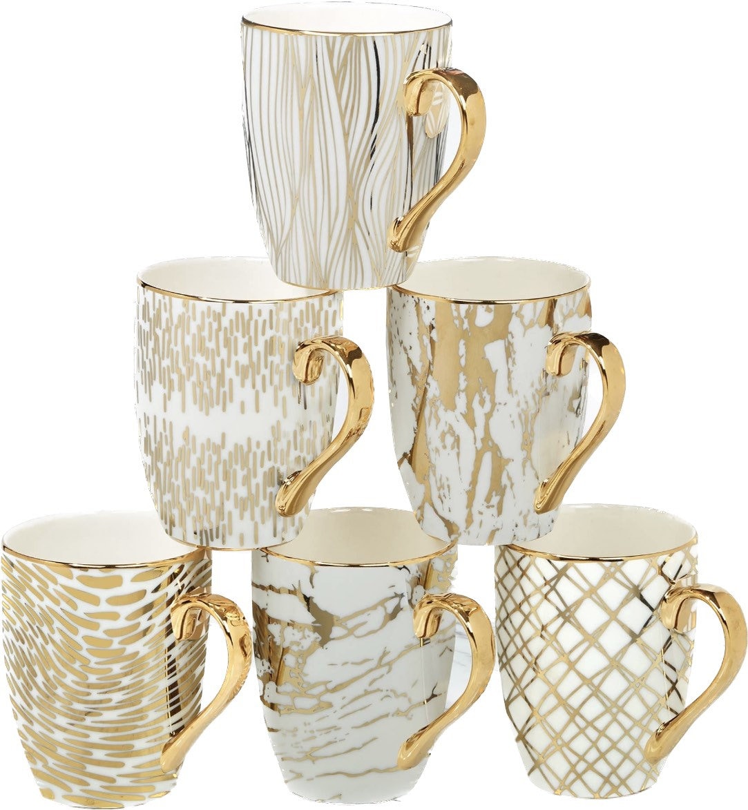 Unique Matrix 16 oz. Gold Plated Mugs, Set of 6, 5” x 3.25” x 4.5”, Multicolored