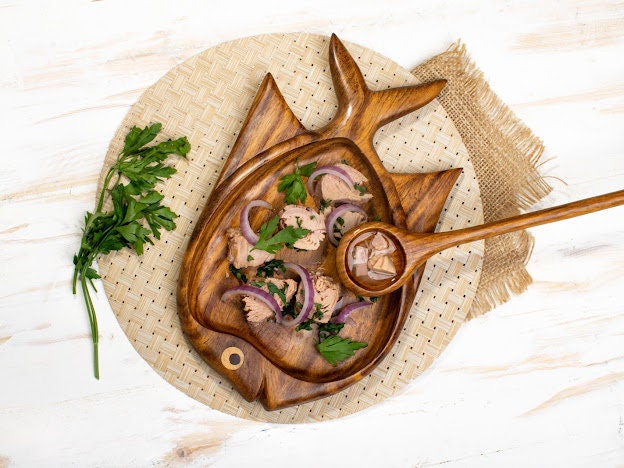 Fish shaped snacks wooden platter handmade