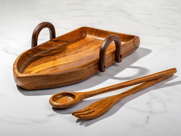 Rowboat Serving Bowl with 2 Pair of Wood Serving Utensils , handmade