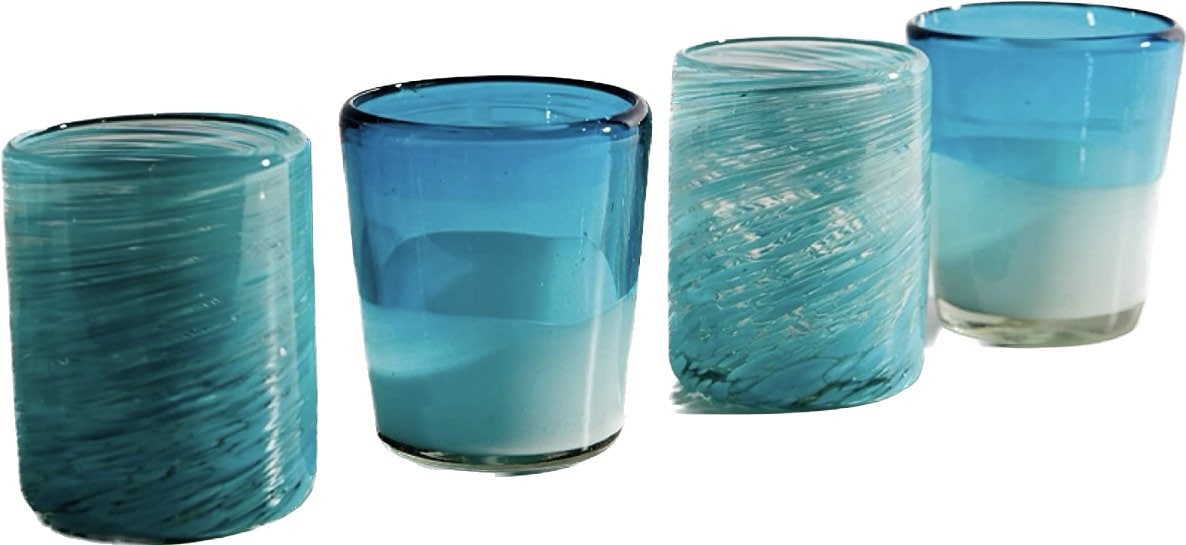 Hand Blown Drinking Glasses by Verve CULTURE | Set of 4 Aqua Water Glasses | Authentic Mexican Glassware | 13 oz Capacity