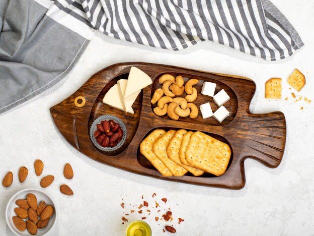 Fish shaped wooden snack platter handmade