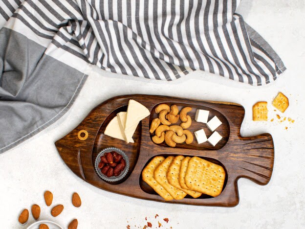 Fish shaped wooden snack platter handmade