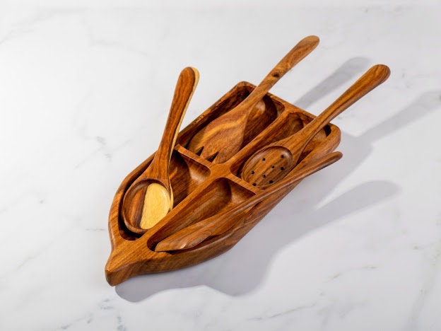 Rowboat 4 sections Serving Bowl with 2 Pair of Wood Serving Utensils , handmade