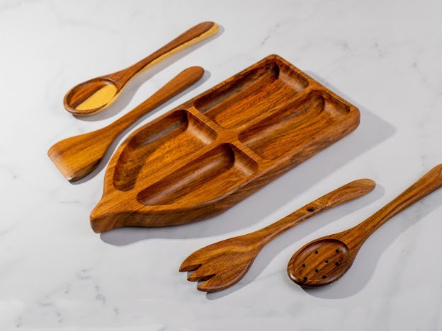 Rowboat 4 sections Serving Bowl with 2 Pair of Wood Serving Utensils , handmade