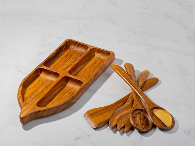 Rowboat 4 sections Serving Bowl with 2 Pair of Wood Serving Utensils , handmade