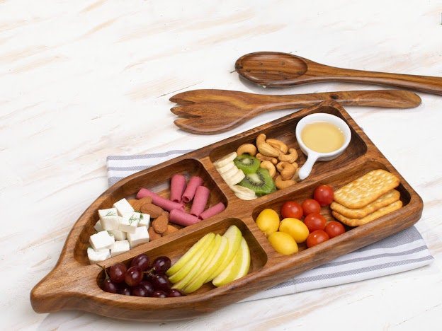 Rowboat 4 sections Serving Bowl with 2 Pair of Wood Serving Utensils , handmade