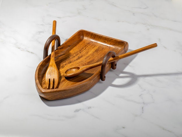 Rowboat Serving Bowl with 2 Pair of Wood Serving Utensils , handmade