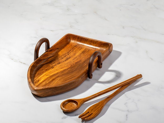 Rowboat Serving Bowl with 2 Pair of Wood Serving Utensils , handmade