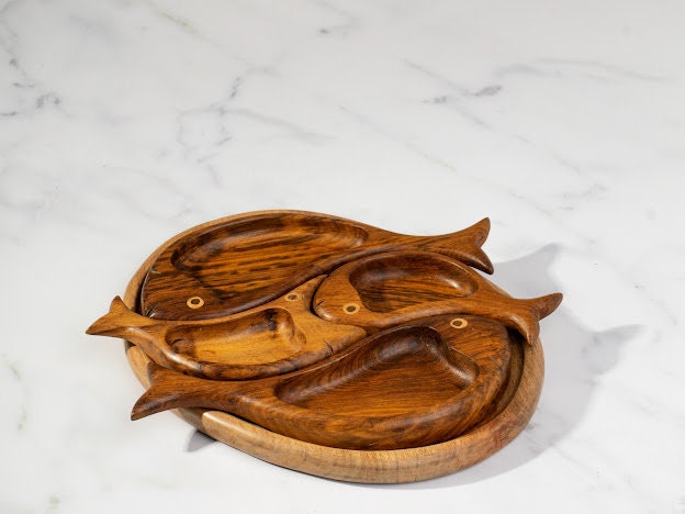 Hand carved 4 fish snacks platter Decorative mid century style handmade