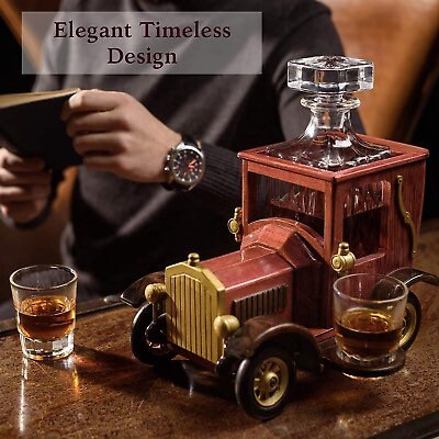 Whiskey Decanter Set with Glasses and Old Fashioned Vintage Car Stand - Bourbon Decanter Set with Glasses for Liquor, Vodka - Whiskey Gifts