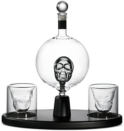 Whiskey Decanter, Skull Decanter with Skull Whiskey Glasses on Wooden Display Tray, Liquor Decanter with Glasses, Whiskey Gift Set