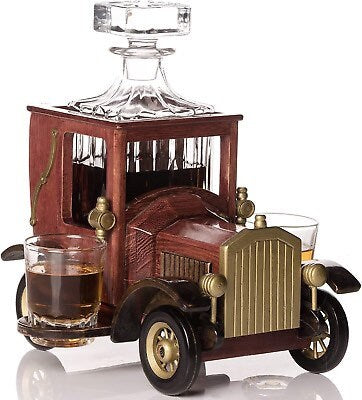 Whiskey Decanter Set with Glasses and Old Fashioned Vintage Car Stand - Bourbon Decanter Set with Glasses for Liquor, Vodka - Whiskey Gifts