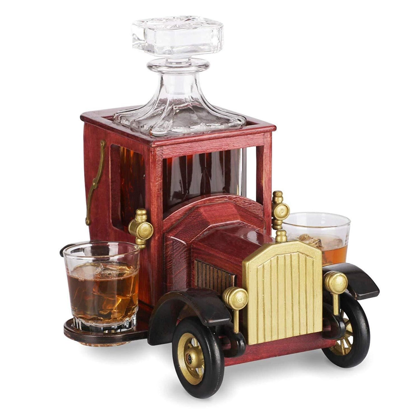 Whiskey Decanter Set with Glasses and Old Fashioned Vintage Car Stand - Bourbon Decanter Set with Glasses for Liquor, Vodka - Whiskey Gifts