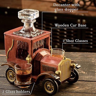 Whiskey Decanter Set with Glasses and Old Fashioned Vintage Car Stand - Bourbon Decanter Set with Glasses for Liquor, Vodka - Whiskey Gifts