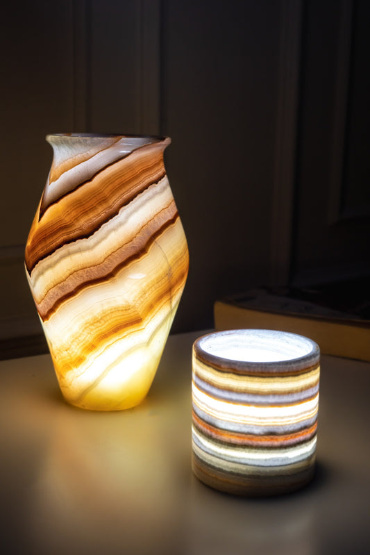 Unique alabaster Vase, Tea Light or Candleholder, Simple, Elegant, Pretty Amber Veining, Perfect Shelf Styling Decor, Solid Stone