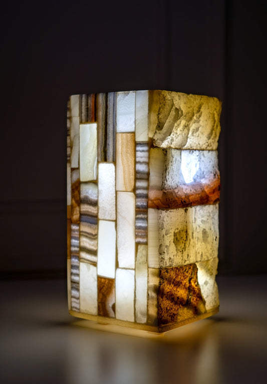 Unique handmade alabaster bedside lamp made of solid alabaster stone in cuboid shape small stones