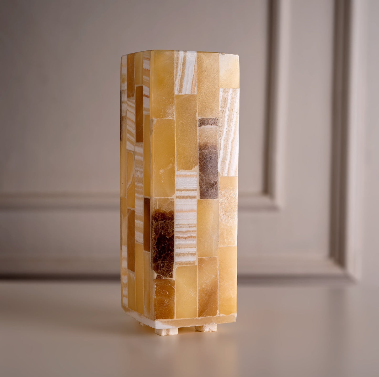 Unique handmade alabaster bedside lamp made of solid alabaster stone in cuboid shape