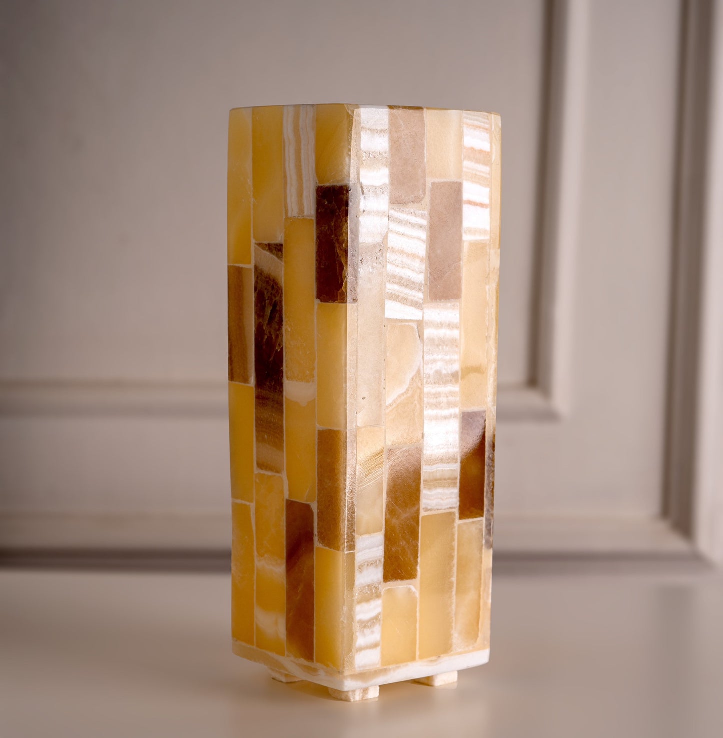 Unique handmade alabaster bedside lamp made of solid alabaster stone in cuboid shape