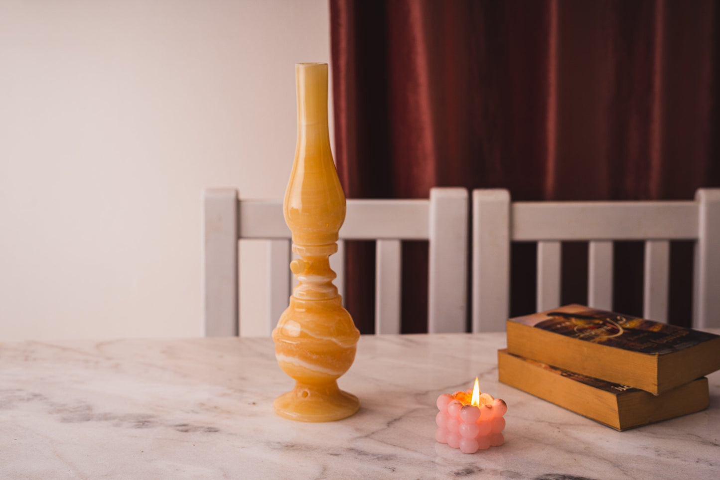 Vintage Egyptian lamp made of solid alabaster stone in cuboid shape