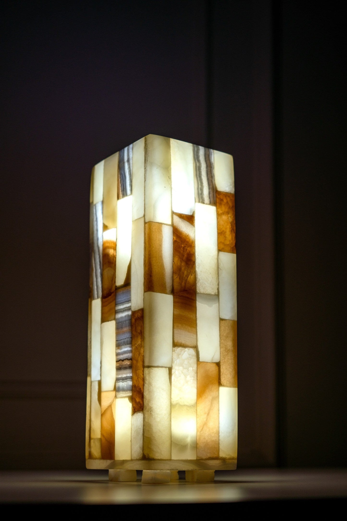 Unique handmade alabaster bedside lamp made of solid alabaster stone in cuboid shape