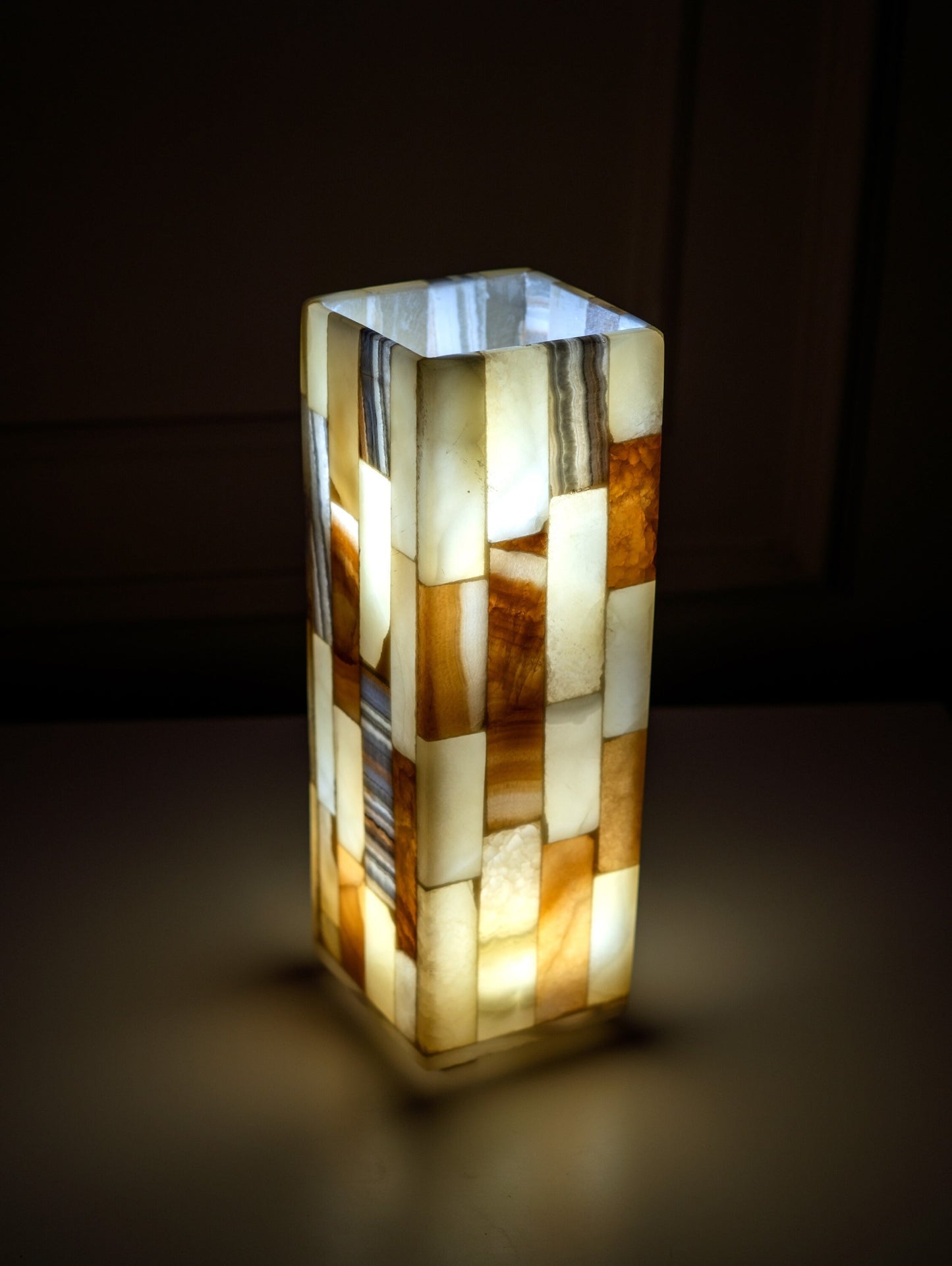 Unique handmade alabaster bedside lamp made of solid alabaster stone in cuboid shape